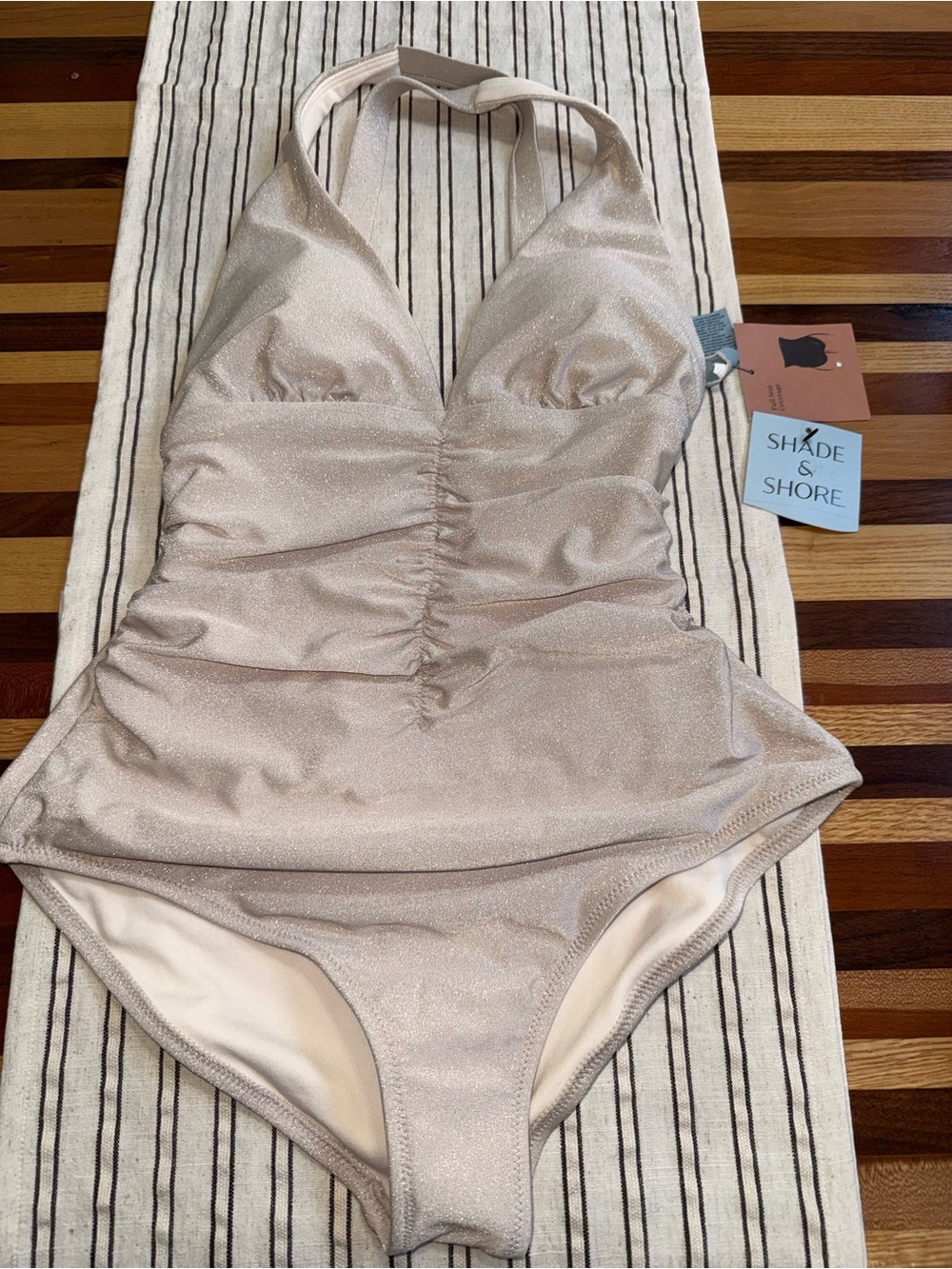 Shade & Shore Shimmery Nude Halter One-Piece Swimsuit